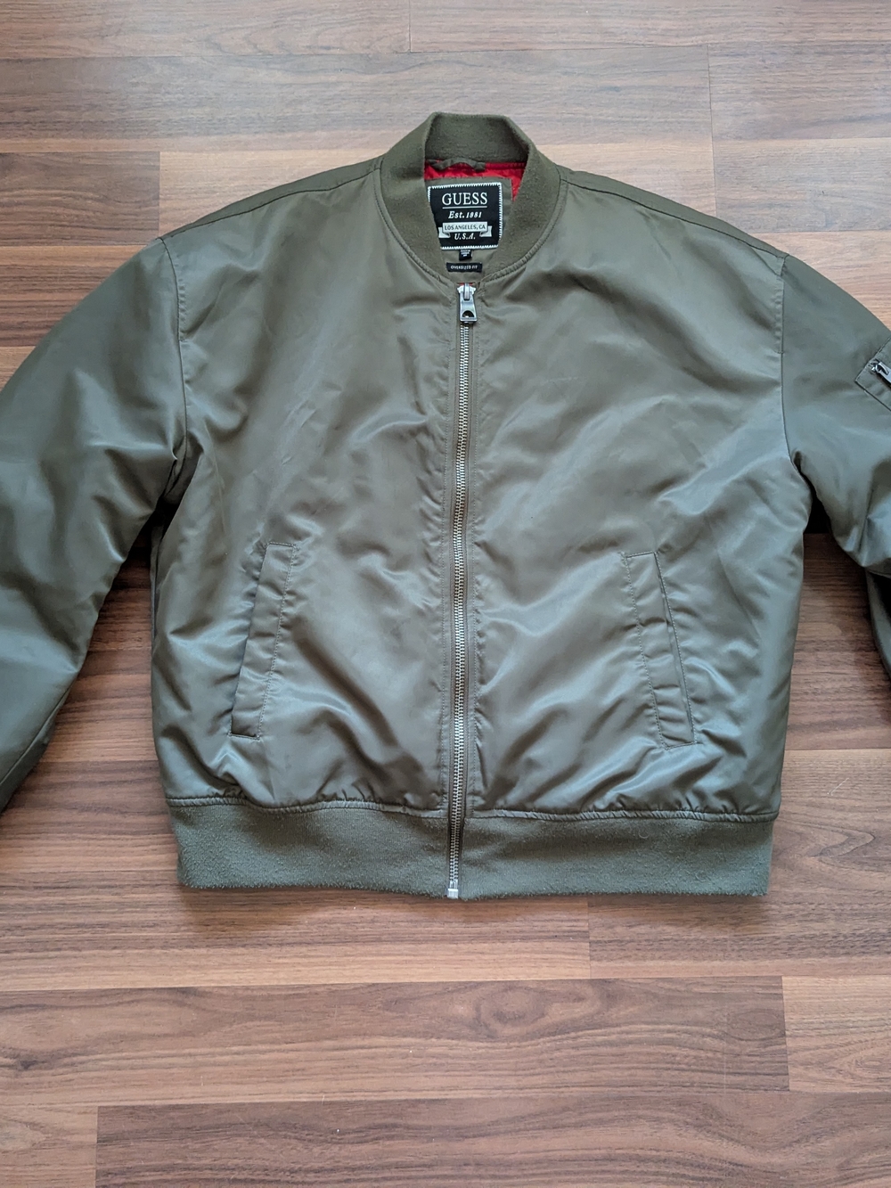 GUESS Olive Green Bomber Jacket with Ribbed Trim